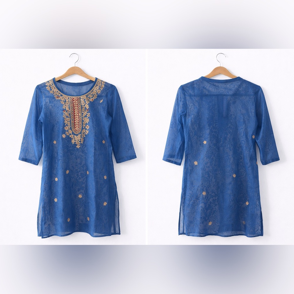 Blue Embroidered Tunic with Gold Floral Accents